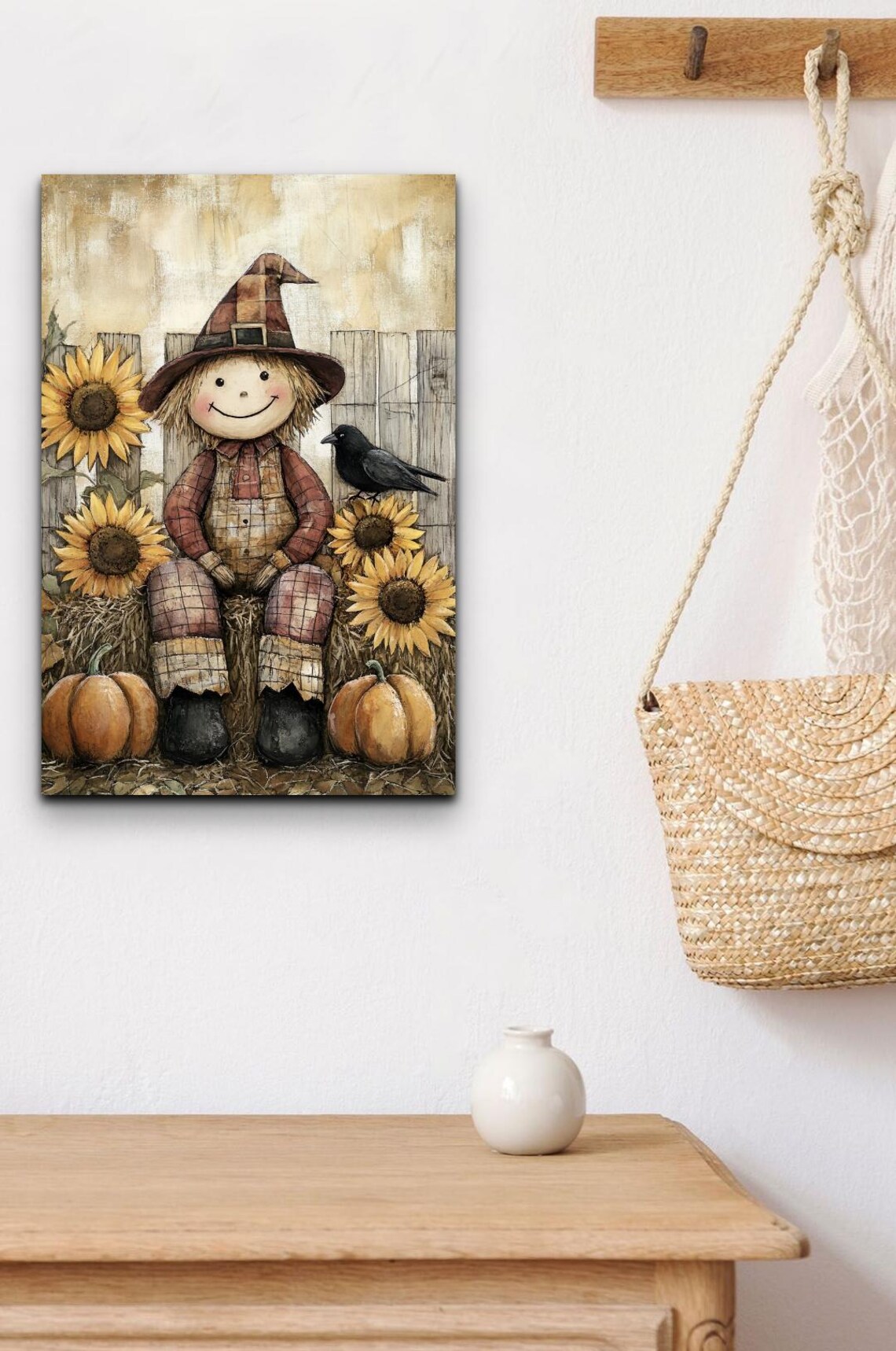 Vintage Scarecrow Doll With Sunflowers Crow and Pumpkins for Fall Decor Poster - Image 4