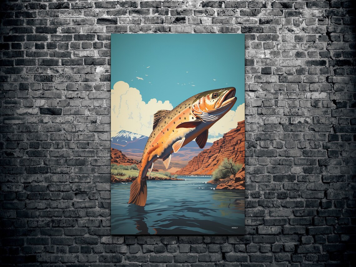 Leaping Brown Trout Over Canyon River Vintage Fishing Art Poster - Image 2