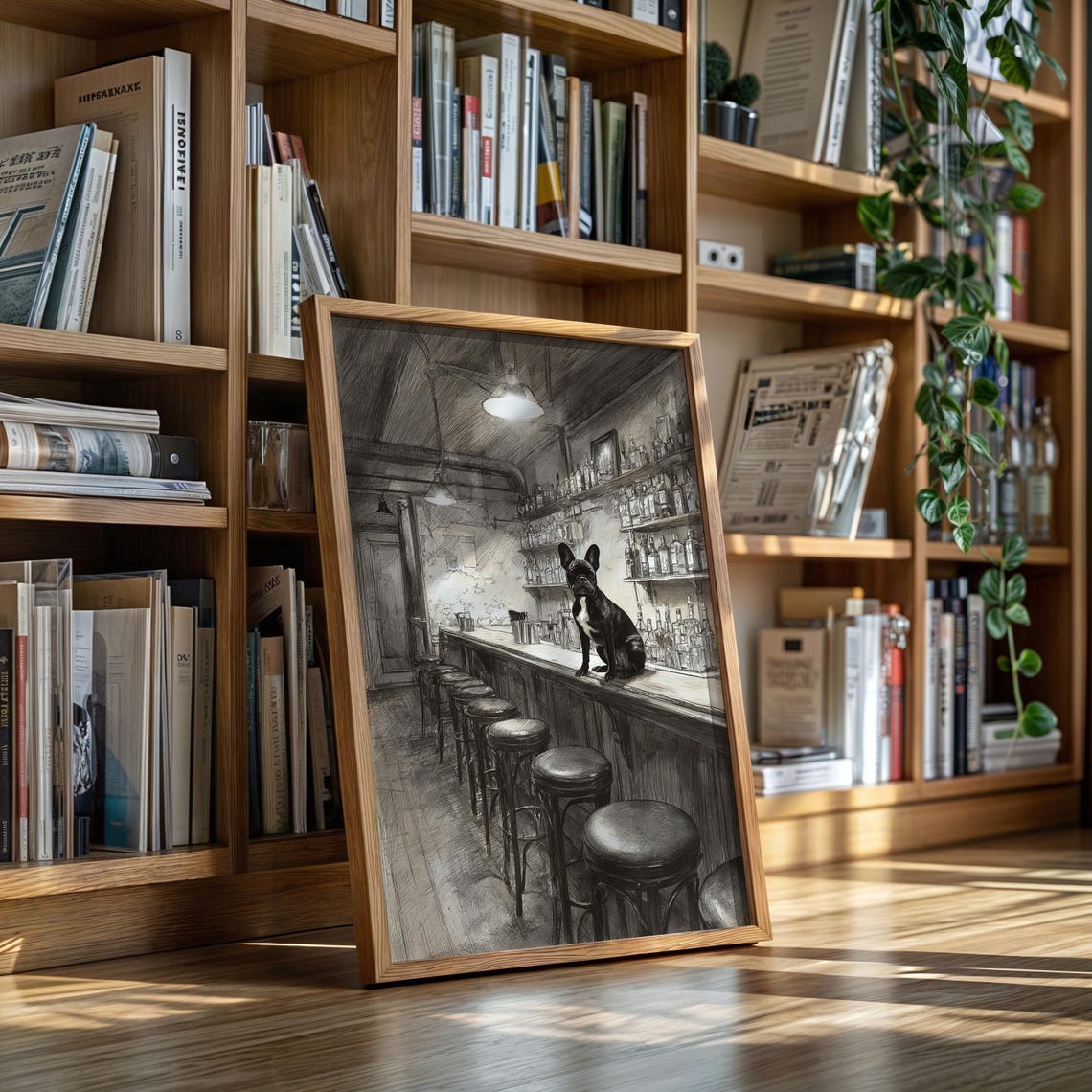 French Bulldog Sitting at Old Bar Counter Pencil Sketch Poster