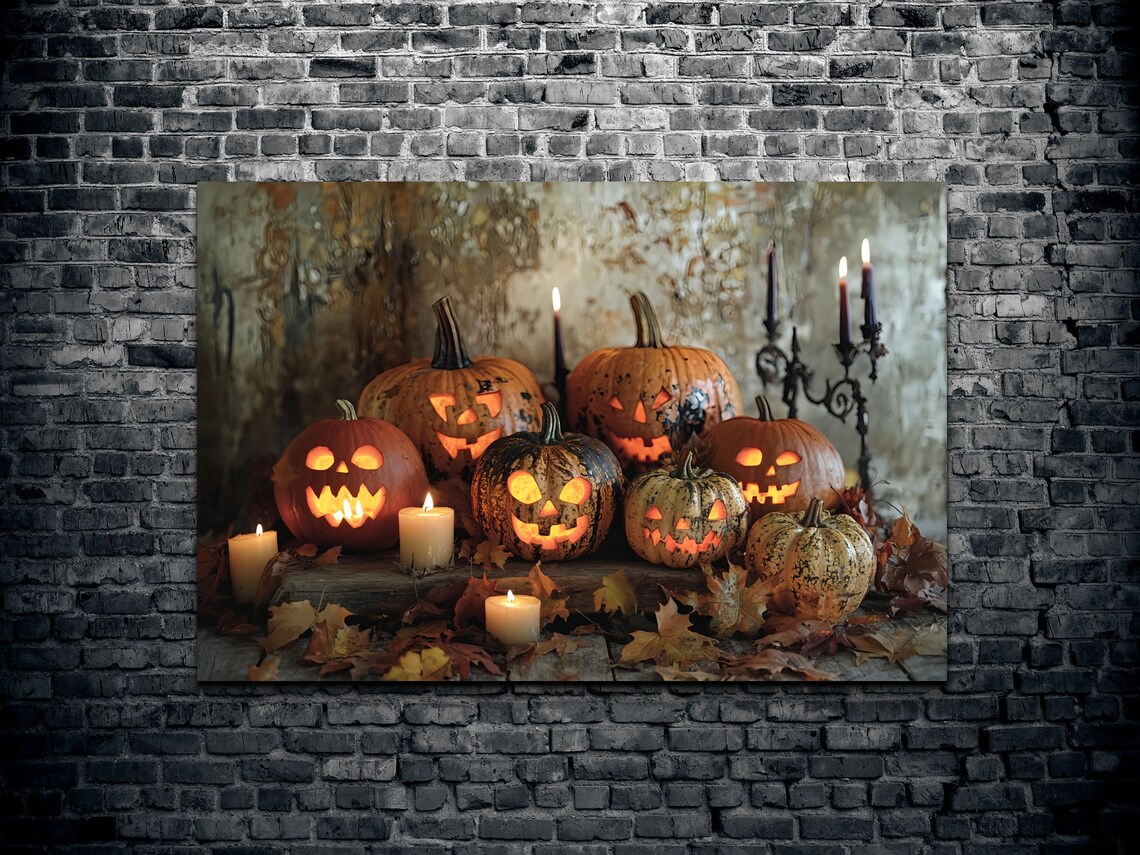 Glowing Jack O Lantern Pumpkins With Candles Among Autumn Leaves Poster - Image 2