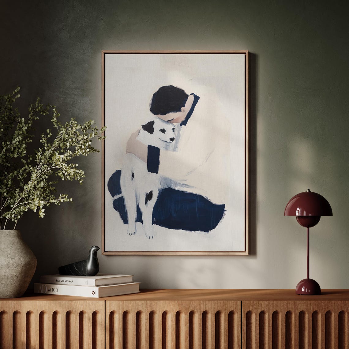 Gentle Man And Dog Embrace Minimalist Pet Portrait Modern Wall Art