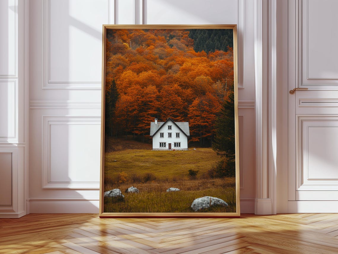 White Cottage Among Autumn Forest Fiery Orange Fall Foliage Poster
