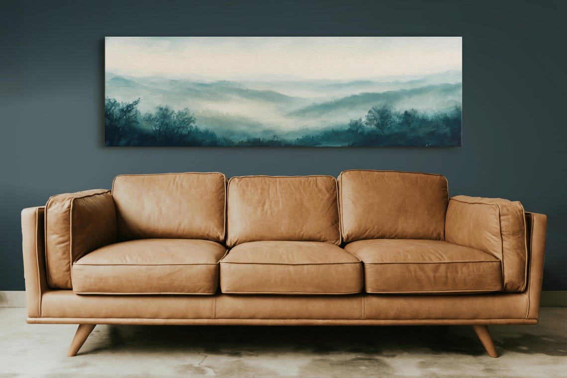 Misty Mountain Layers In Teal Fog Minimalist Panoramic Nature Wall Art - Image 3