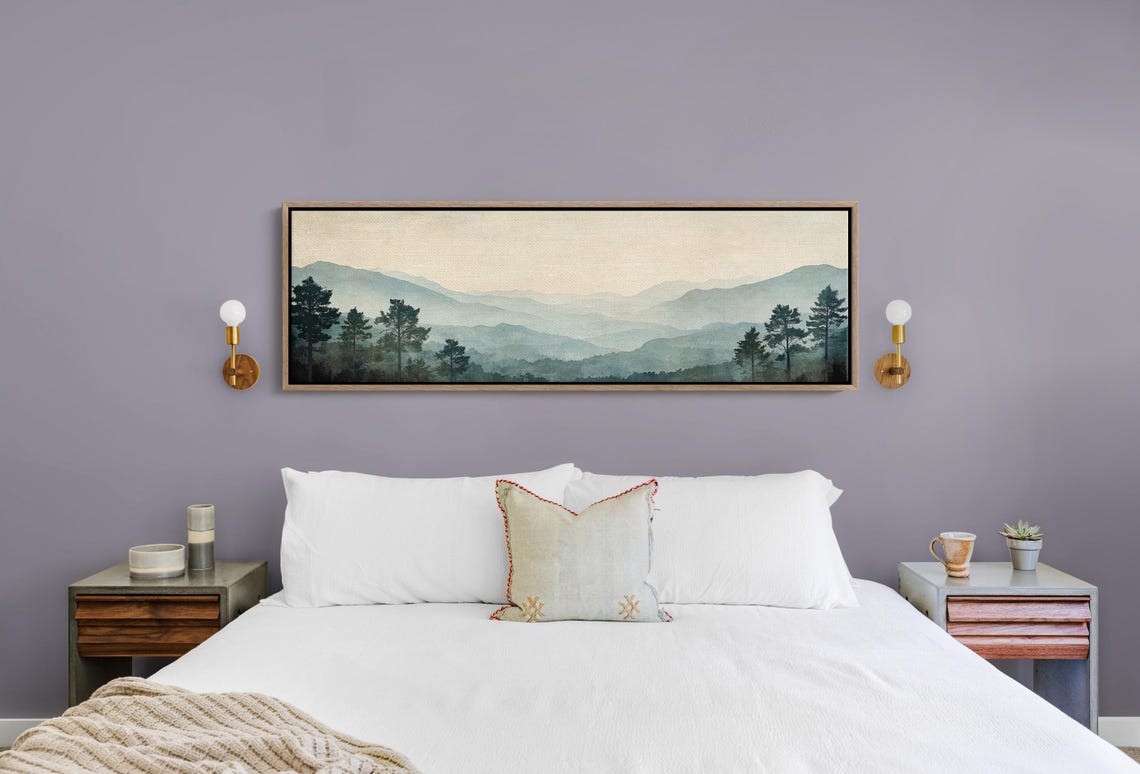 Foggy Blue Mountain Layers With Pine Trees Minimalist Panoramic Poster - Image 2