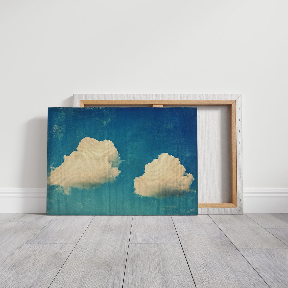 Two Fluffy White Clouds On Bright Blue Textured Sky Vintage Poster - Image 3