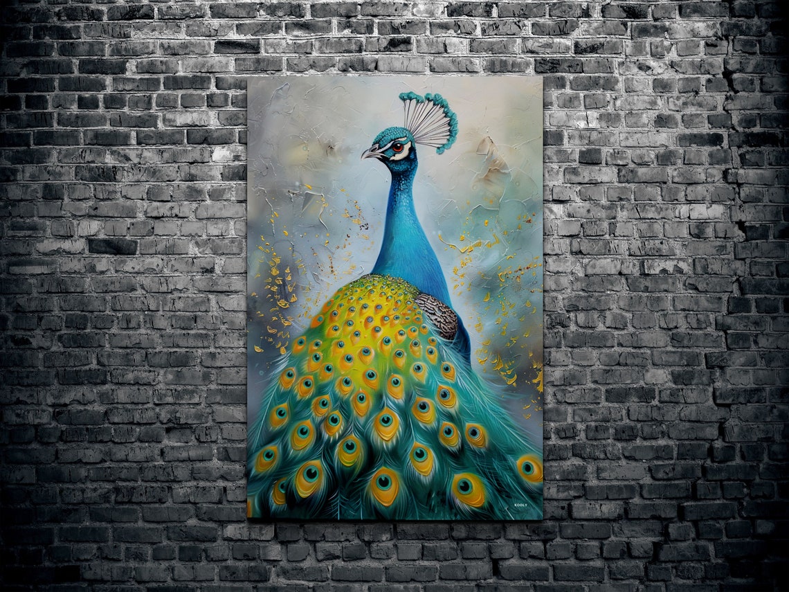 Peacock Full Plumage Textured Painting Turquoise Gold Bird Poster - Image 2
