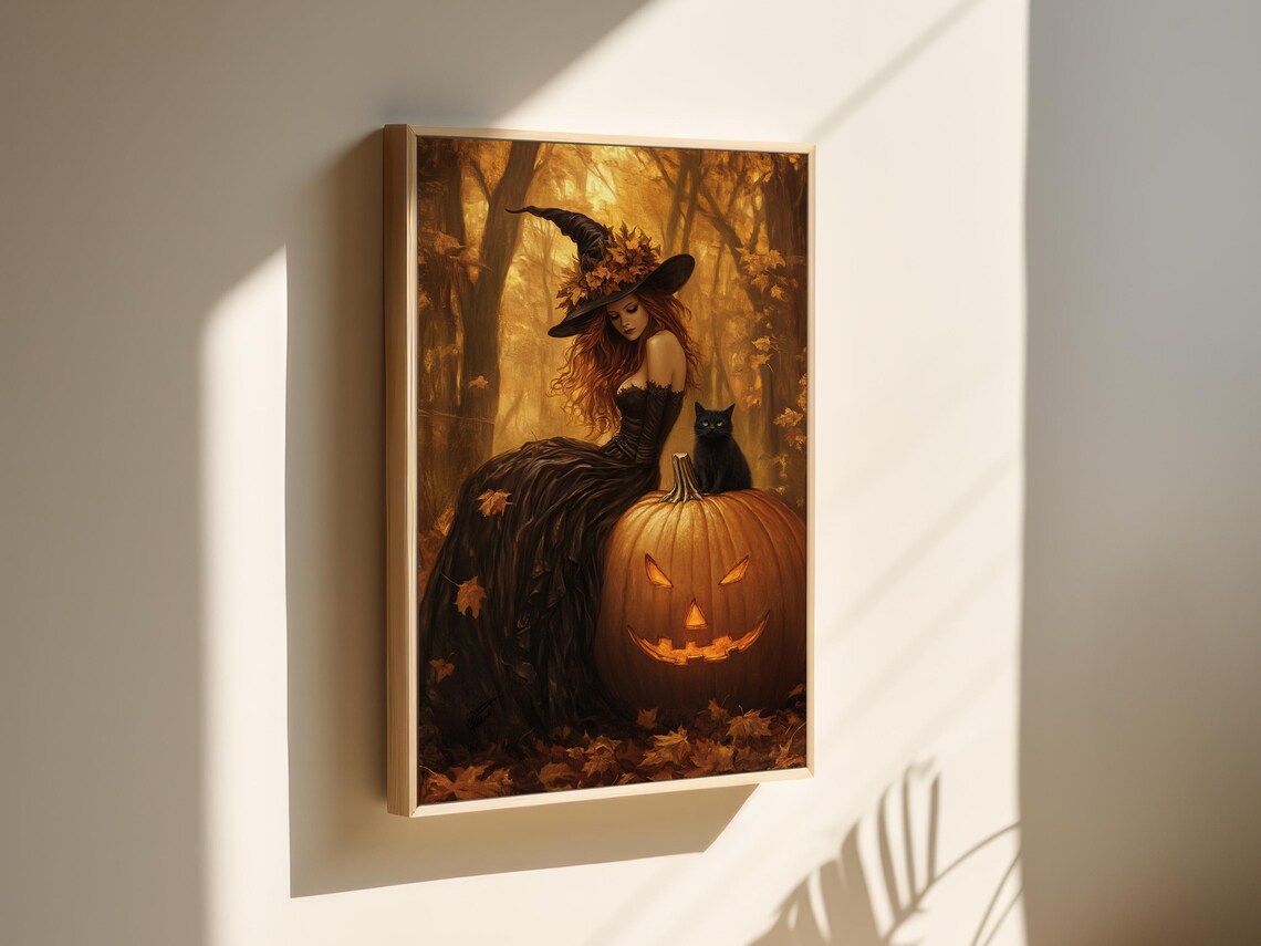 Enchanting Redhead Witch with Black Cat and Jack O Lantern Autumn Poster - Image 2
