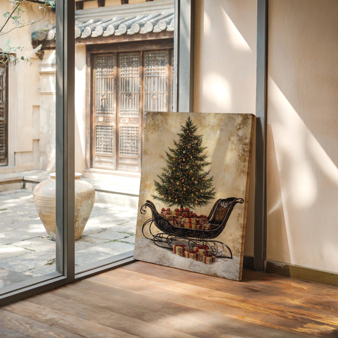 Christmas Sleigh Under Glowing Tree With Gifts Cozy Holiday Poster - Image 2