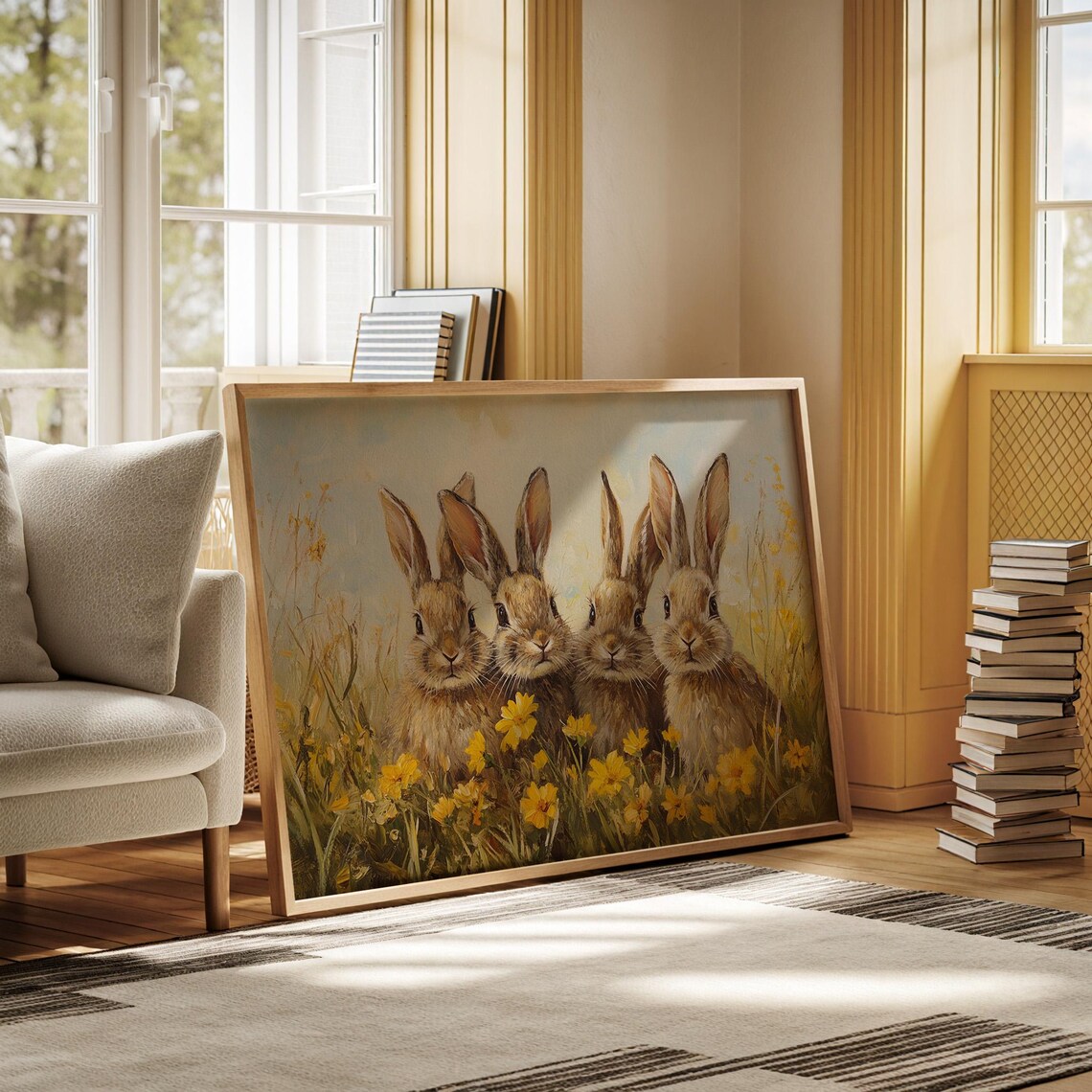 Rabbit Quartet in Wildflowers, Rustic Spring Art Print