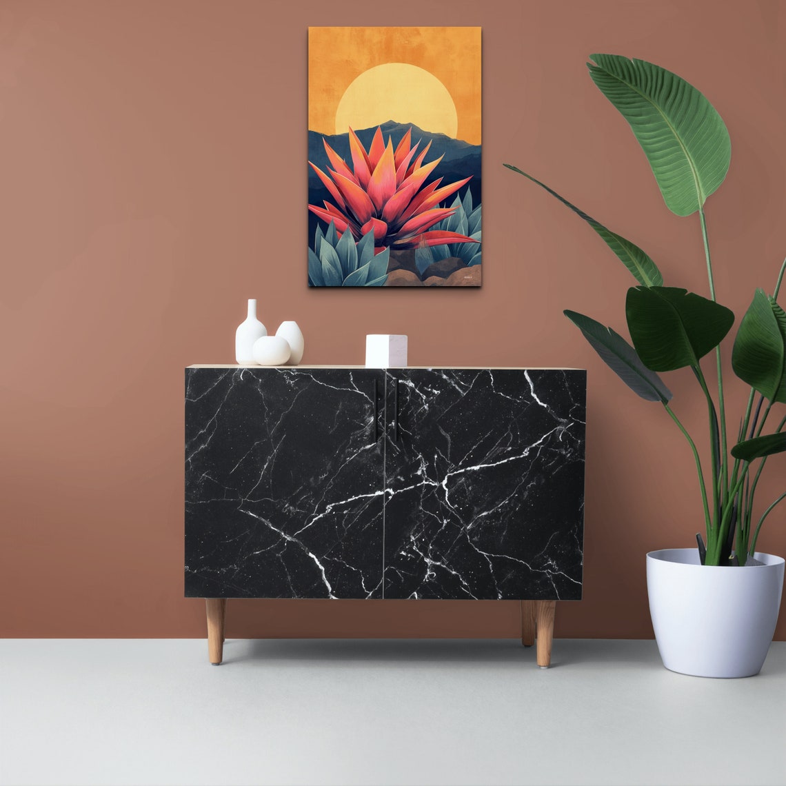 Red Agave Against Desert Sun Mid Century Modern Botanical Poster - Image 6