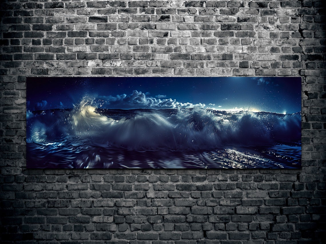 Giant Ocean Wave Under Moonlight Night Seascape Panorama Wall Art - Image 2