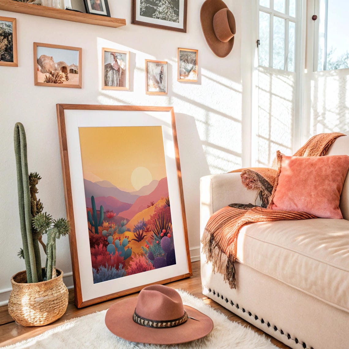 Colorful Desert Sunset Cactus Rolling Purple Hills Art Poster