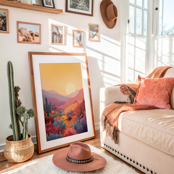 Colorful Desert Sunset Cactus Rolling Purple Hills Art Poster