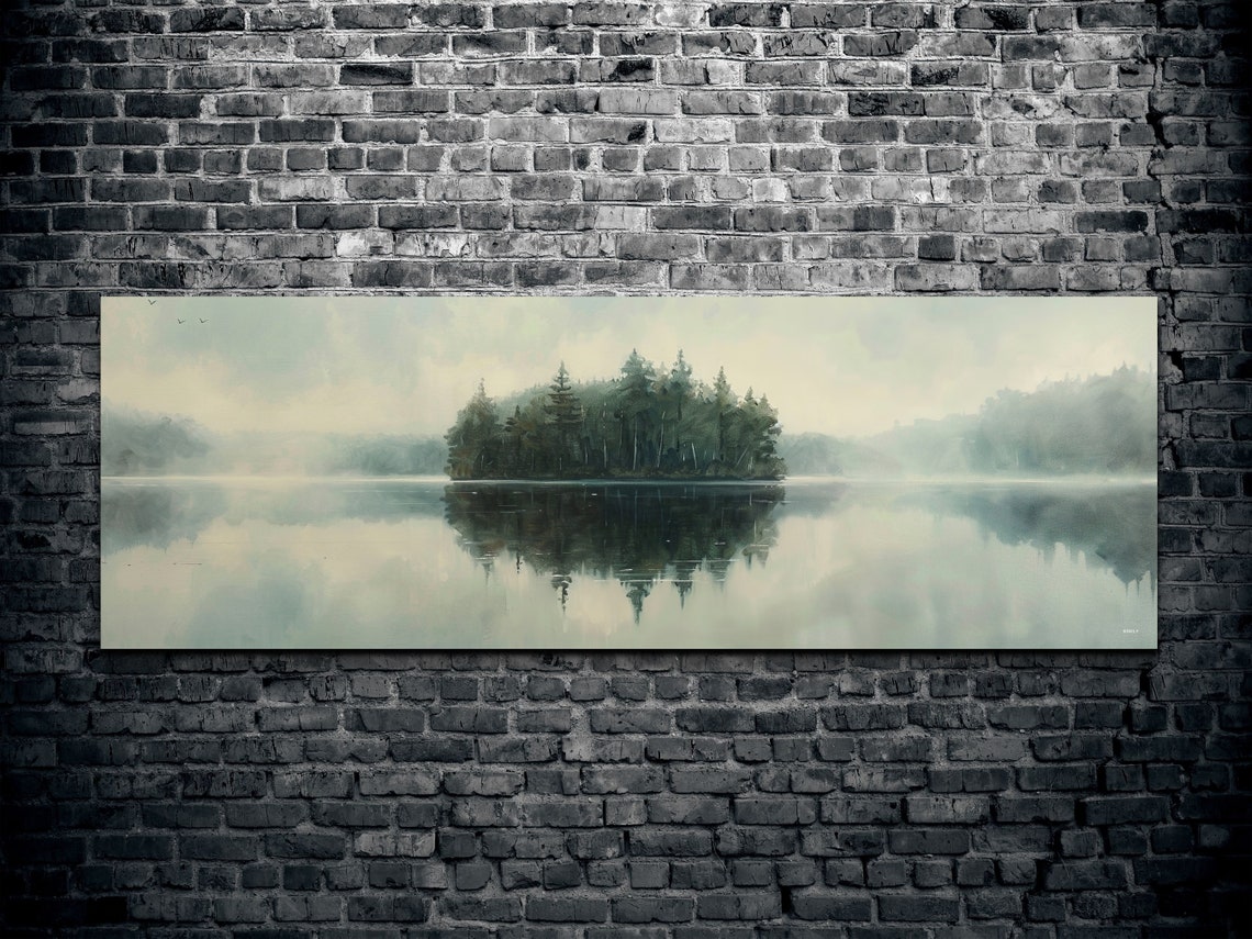 Dark Moody Foggy Lake With Forest Island Panoramic Art Poster - Image 2
