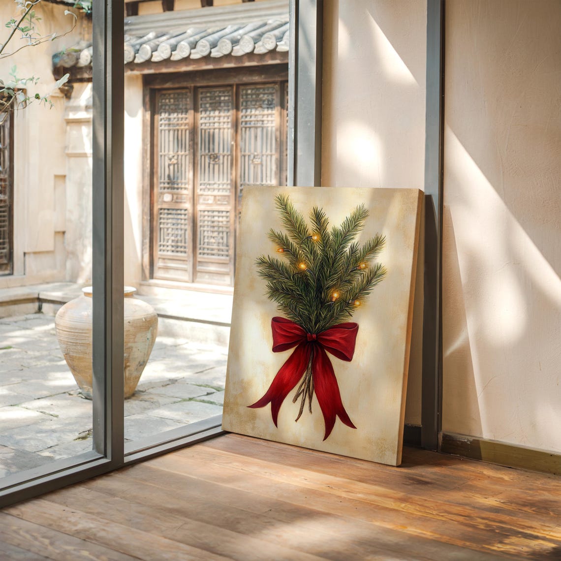Christmas Pine Bundle With Lights And Red Bow Rustic Holiday Poster - Image 2