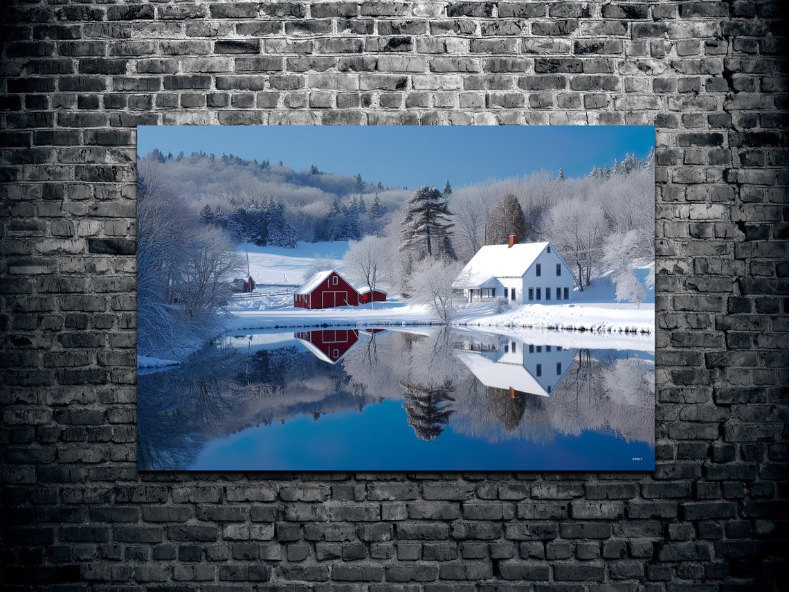 Red Barn Farmhouse Snowy Lake Reflection Winter Landscape Poster - Image 2