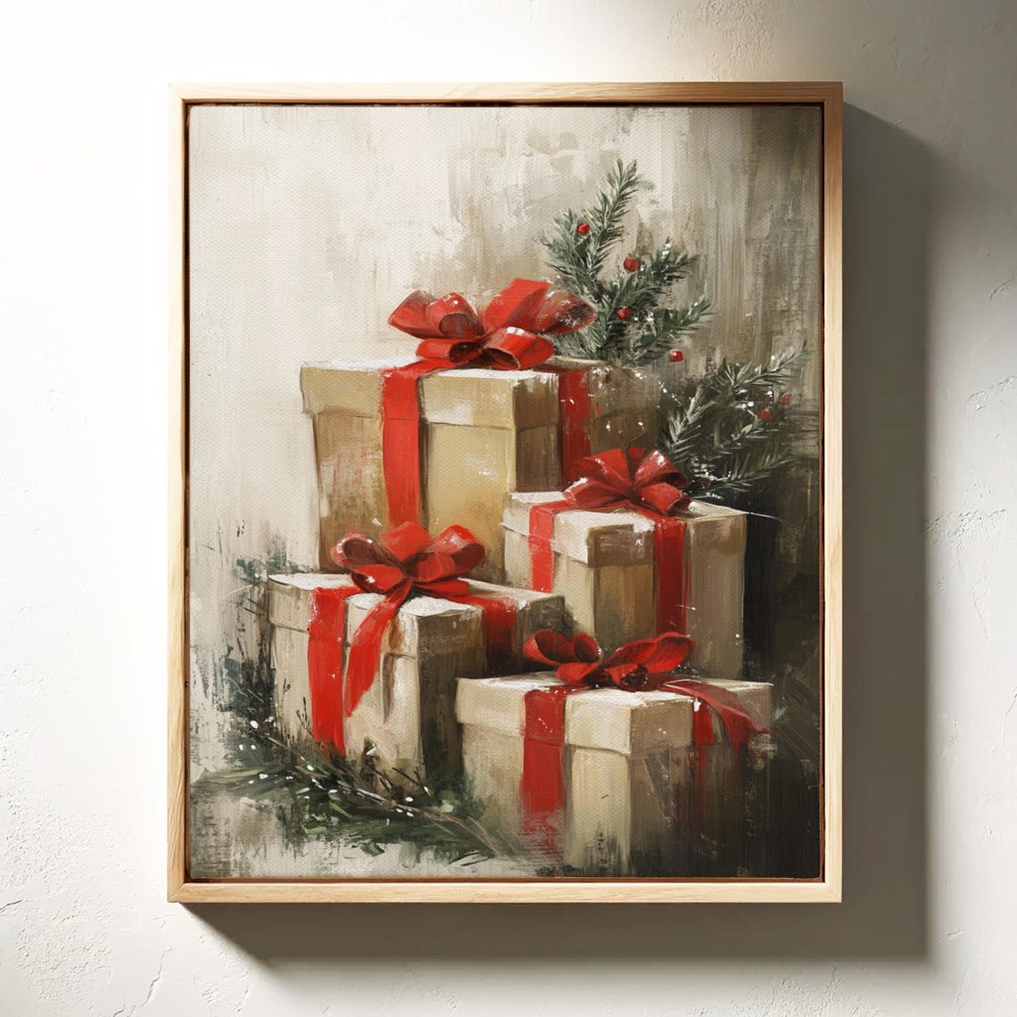 Stacked Christmas Gift Boxes With Red Ribbons Pine Holiday Poster - Image 3