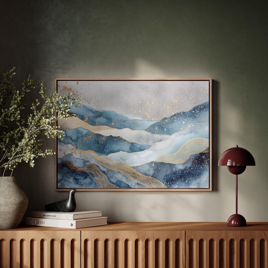 Abstract Blue Gold Modern Watercolor Mountain Landscape Art Poster