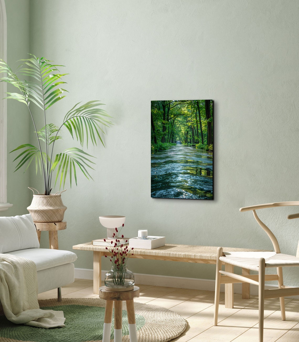 Peaceful Morning River Flowing Through a Sunlit Green Forest Poster - Image 5