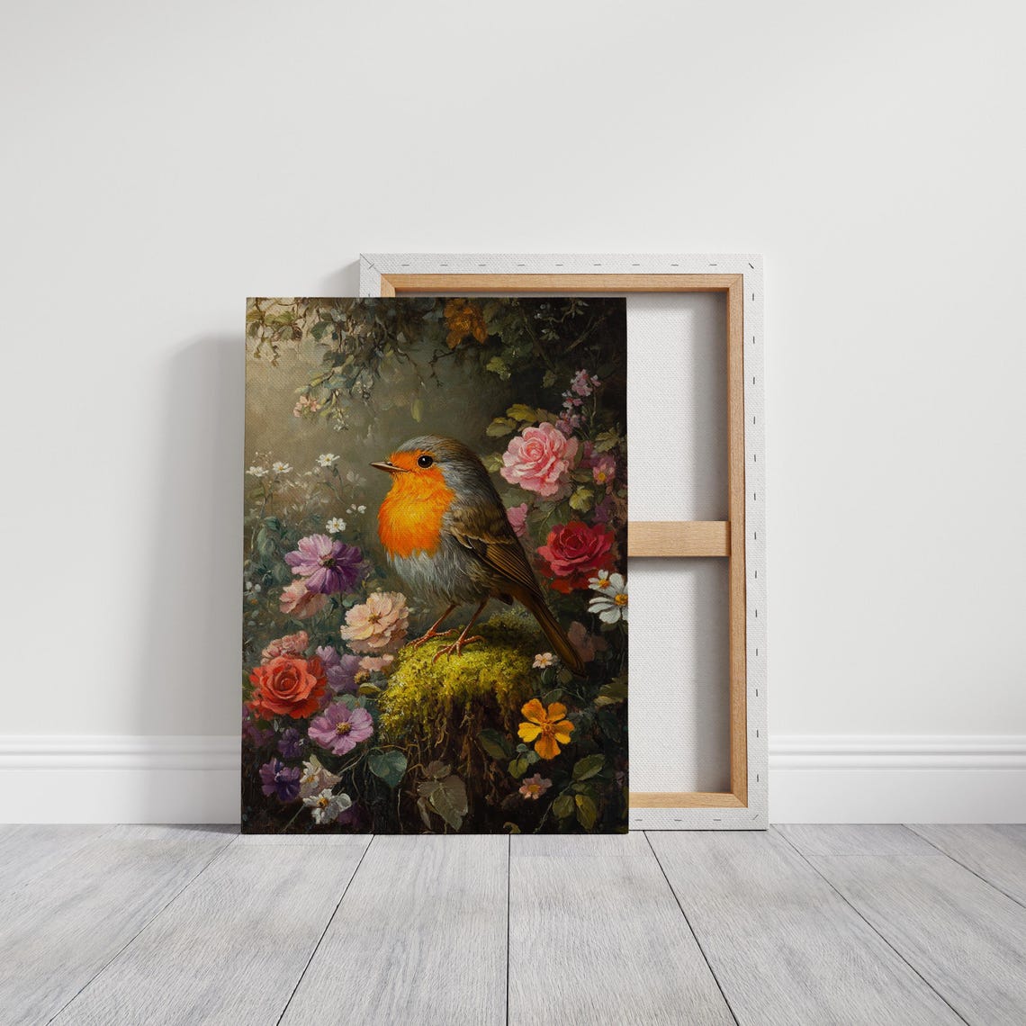 European Robin Perched Moss Stump Vibrant Flower Garden Poster - Image 5