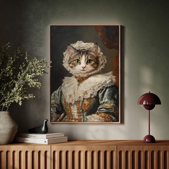 Tabby Cat Victorian Aristocrat Lace Bonnet Emerald Brooch Poster