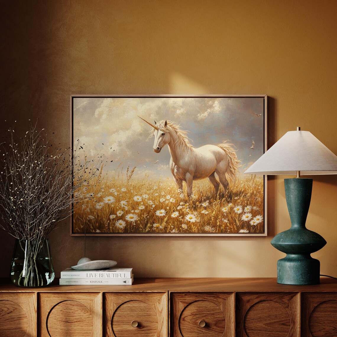 Majestic White Unicorn in Golden Flower Meadow Oil Painting Art Poster