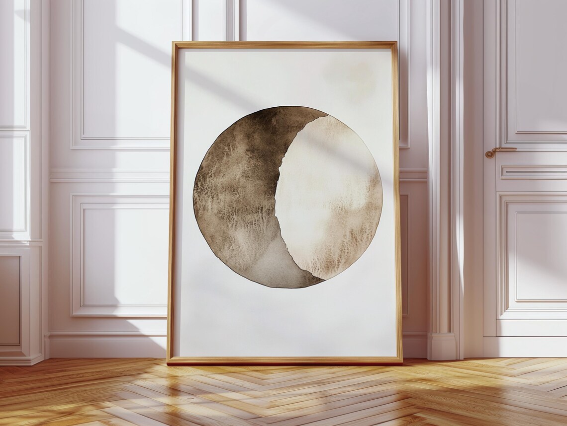 Earthy Brown Full Moon With Crescent Shadow Watercolor Wall Art