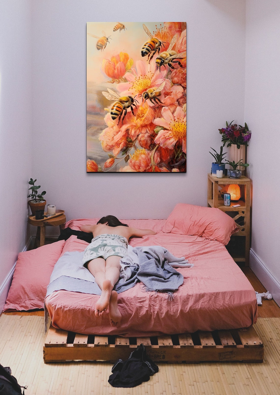 Honeybee Garden Pink Peony Blossoms Botanical Bee Art Poster - Image 6