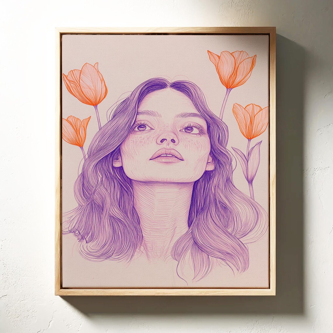 Floral Line Portrait Of Woman With Orange Tulips In Bloom Art Print
