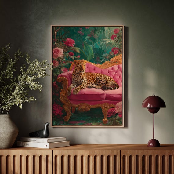 Leopard on Pink Velvet Sofa, Baroque Jungle Art Print