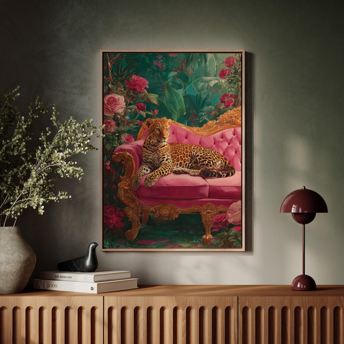 Leopard on Pink Velvet Sofa, Baroque Jungle Art Print