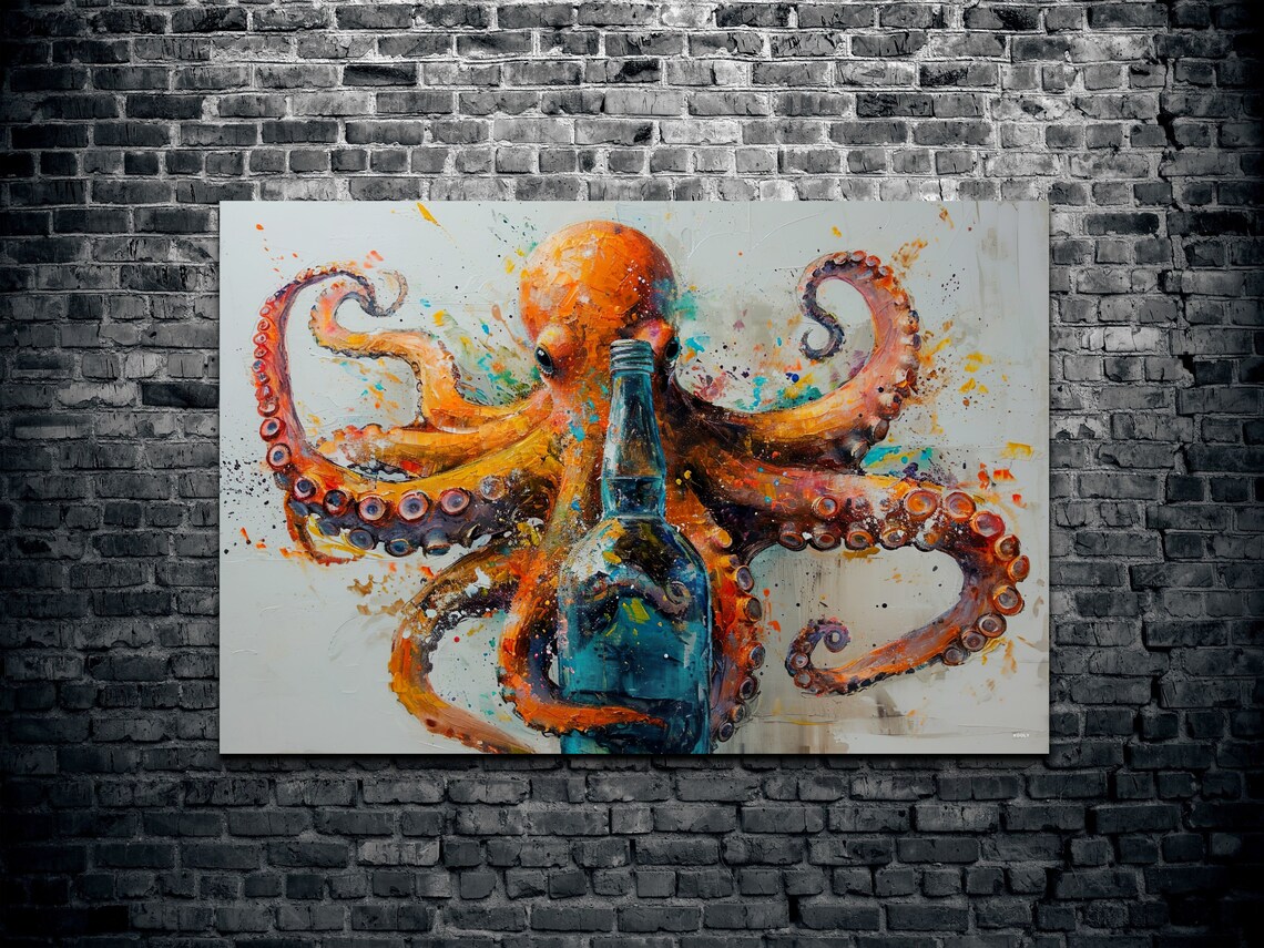 Octopus Painting Wall Art On Nautical Seascape Artwork Gallery Wrap Stretched On Ready To Hang - Image 2