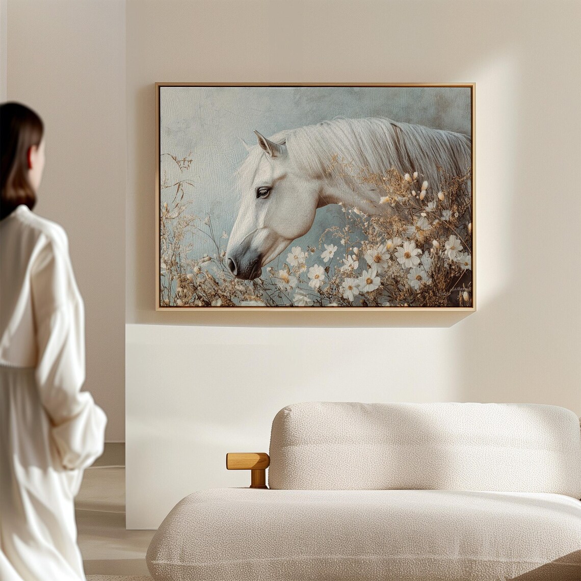 White Horse In Wildflower Meadow, Rustic Art Print - Image 6