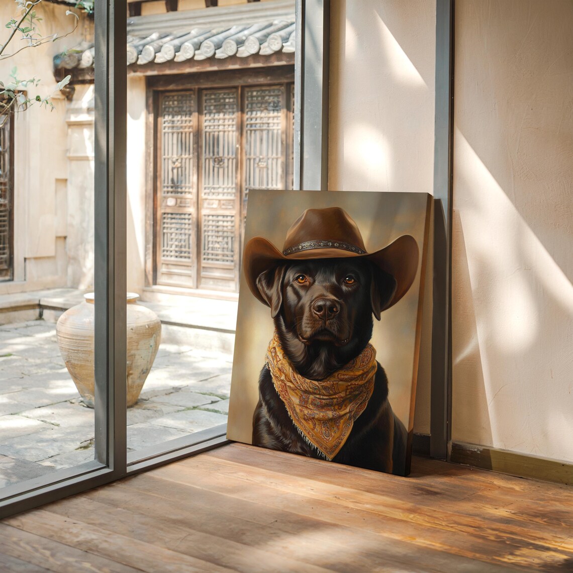 Black Labrador Cowboy Hat Gold Bandana Western Dog Portrait Poster - Image 5