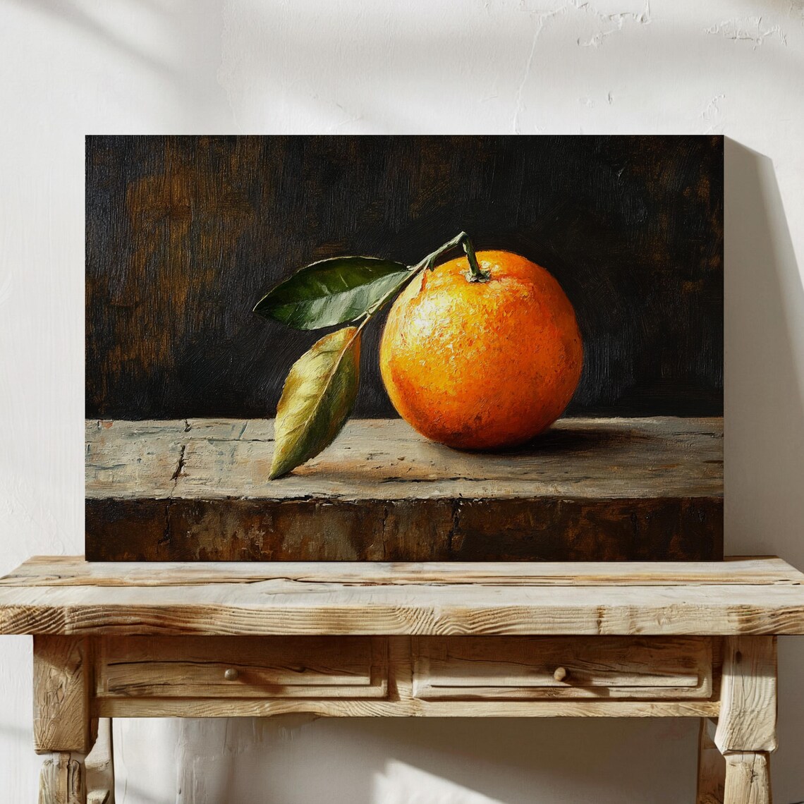 Orange with Leaves on Weathered Wood Dark Still Life Oil Poster - Image 5