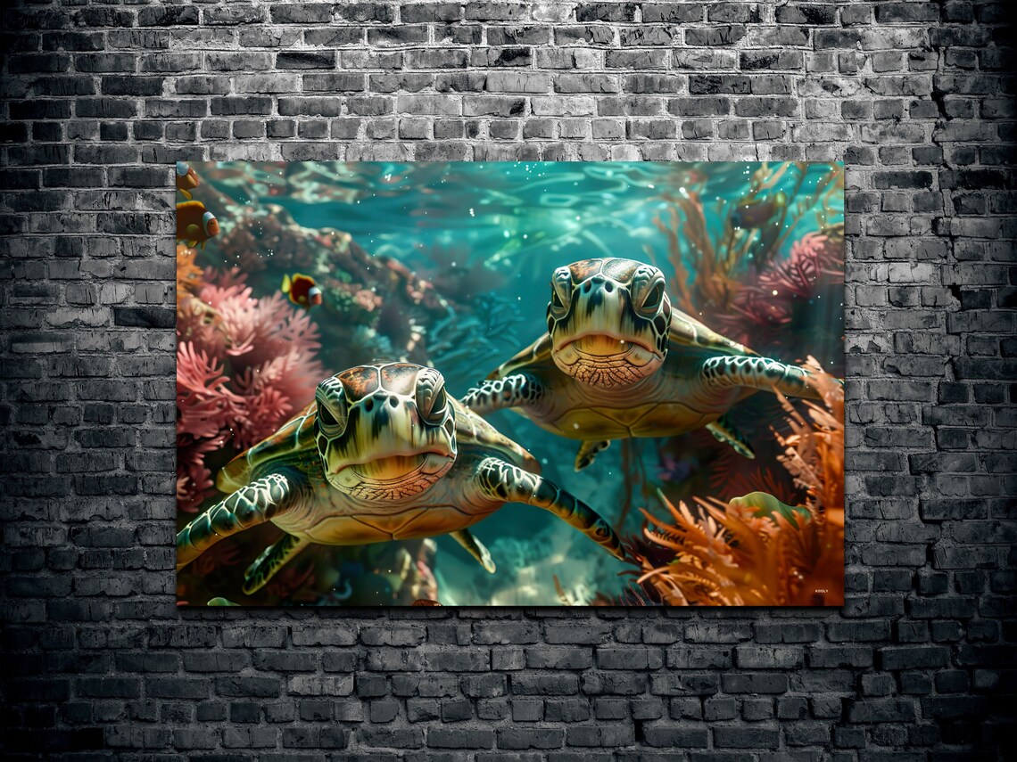 Two Sea Turtles Swimming Underwater Among Coral Reef Colors Wall Art - Image 2