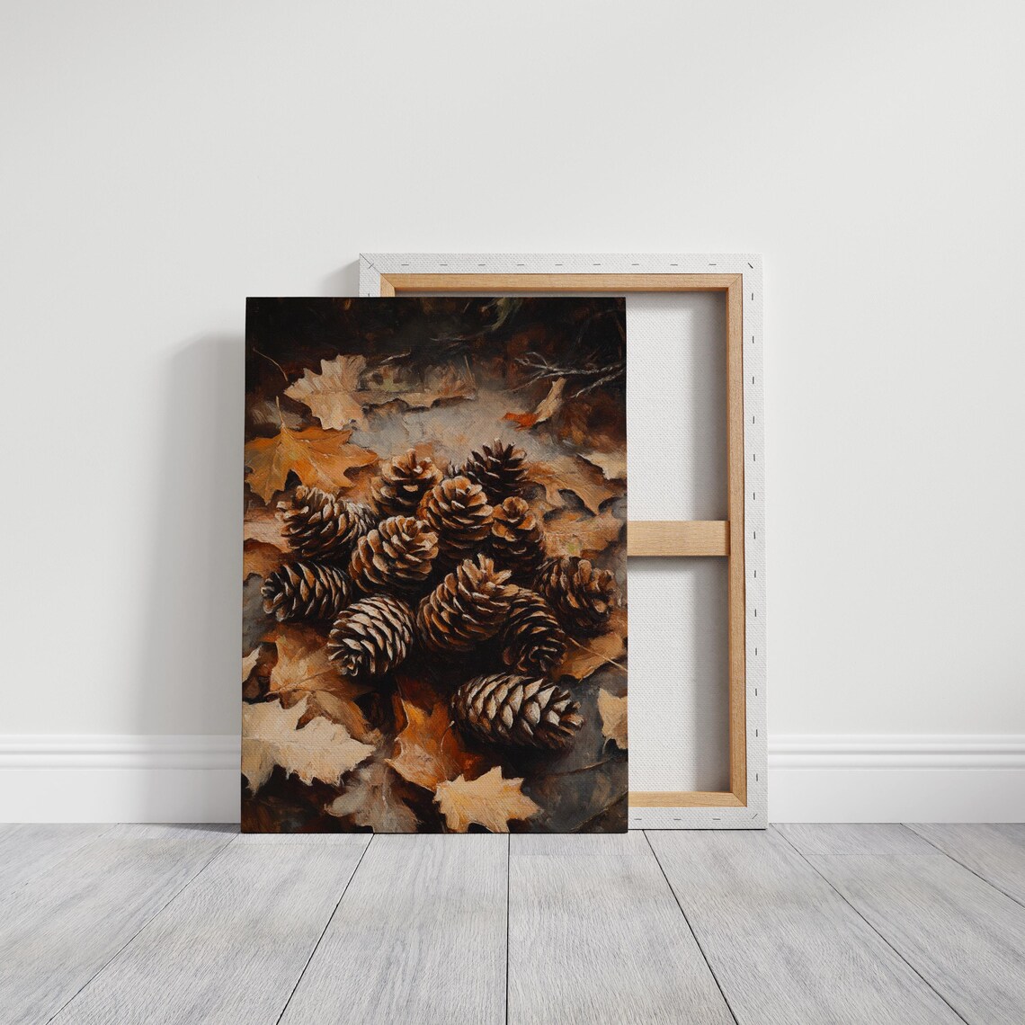 Pinecones with Autumn Oak Leaves Dark Rustic Fall Harvest Painting Poster - Image 3