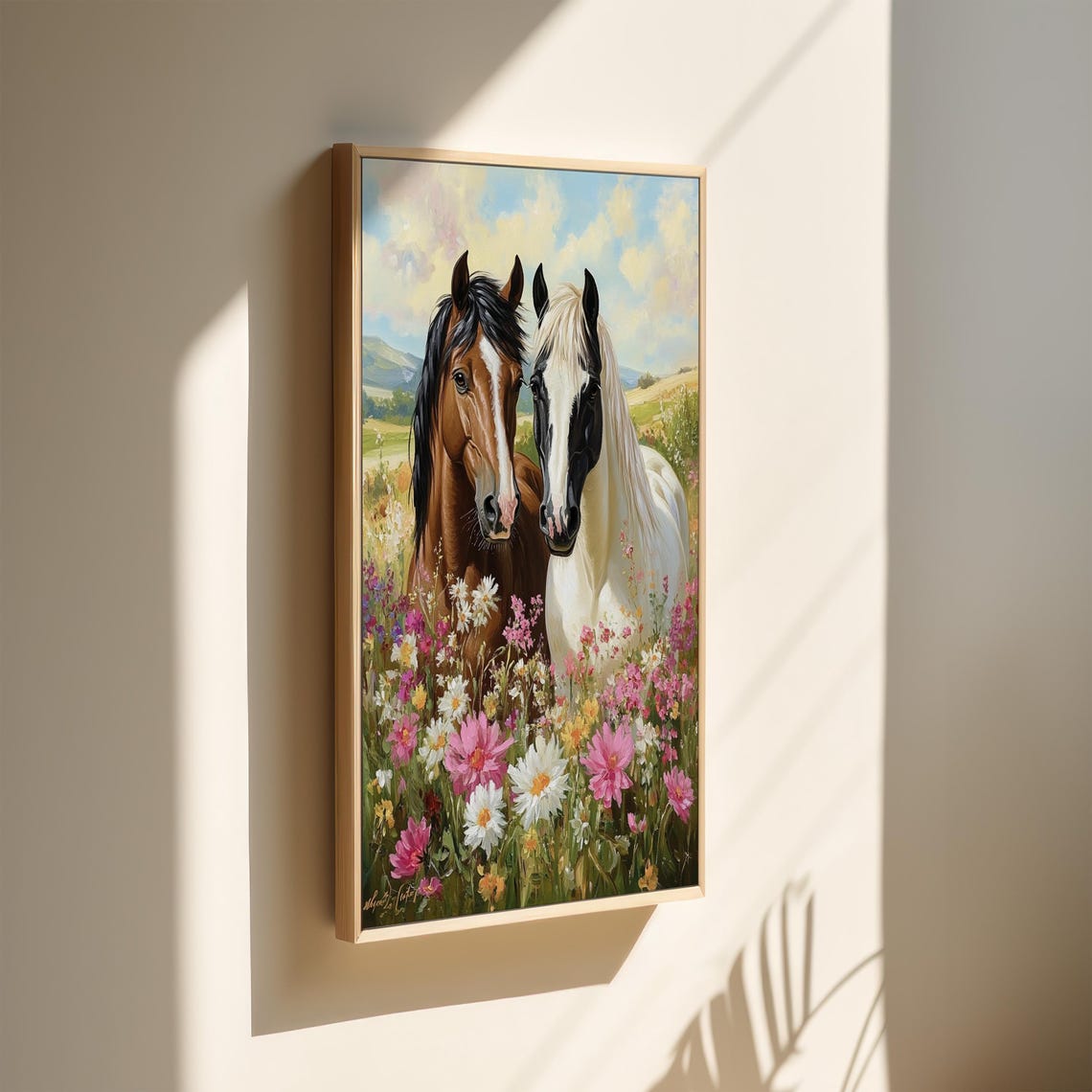 Two Horses Side by Side in Blooming Wildflower Meadow Close-Up Poster