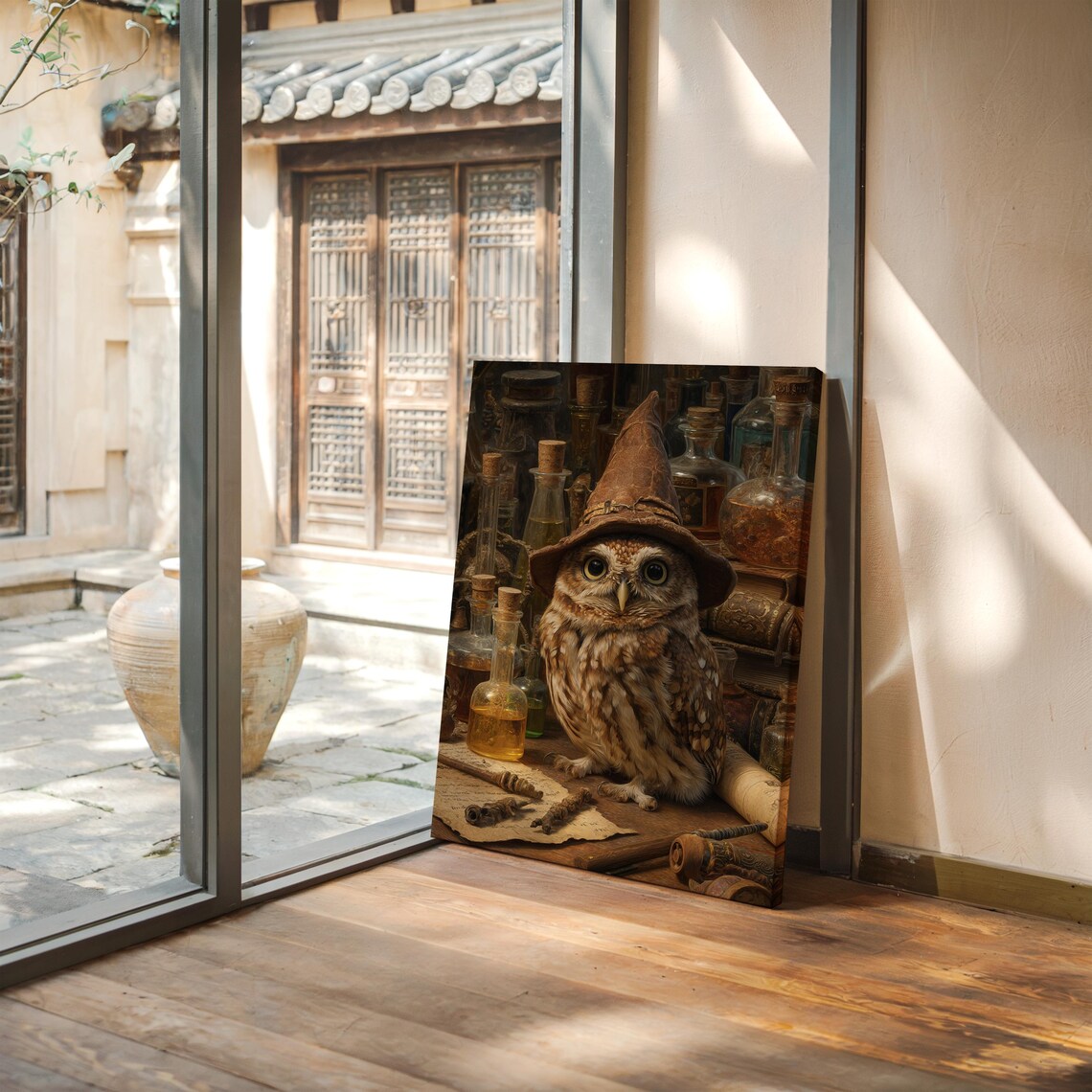 Owl In Witch Hat With Potion Bottles Magical Apothecary Familiar Wall Art