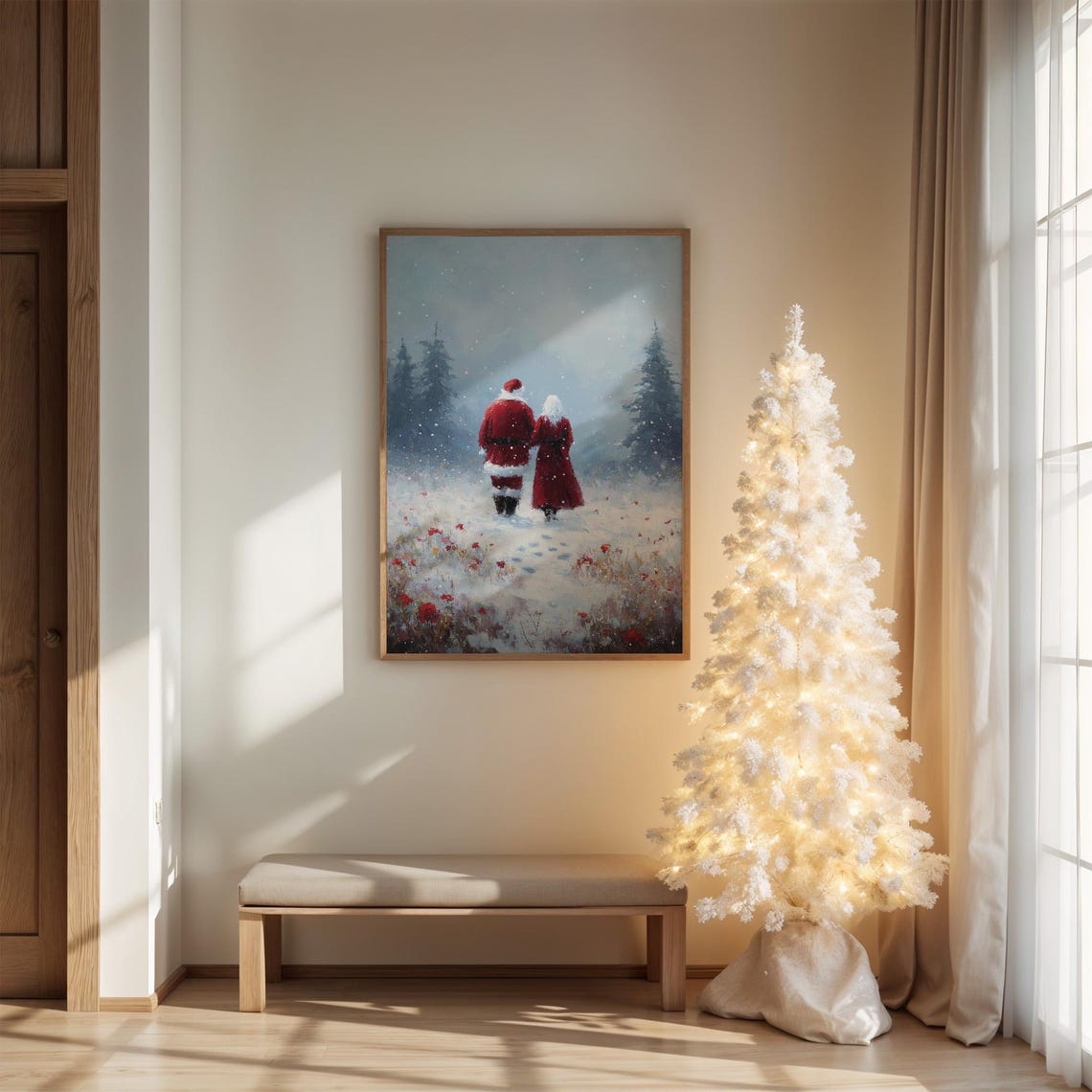 Santa and Mrs Claus Walking Away Through Snowy Forest Poster