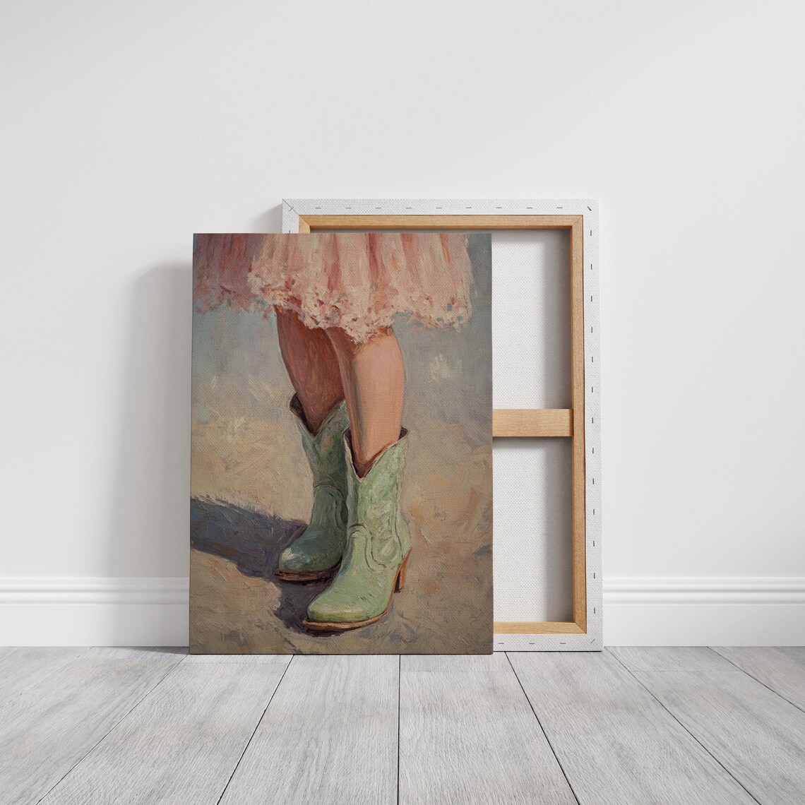 Little Cowgirl Green Boots Pink Dress Western Style Painting Poster - Image 3