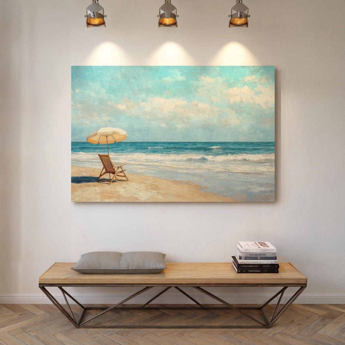 Sunlit Beach Umbrella and Wooden Chair Ocean Waves Painting Poster - Image 6