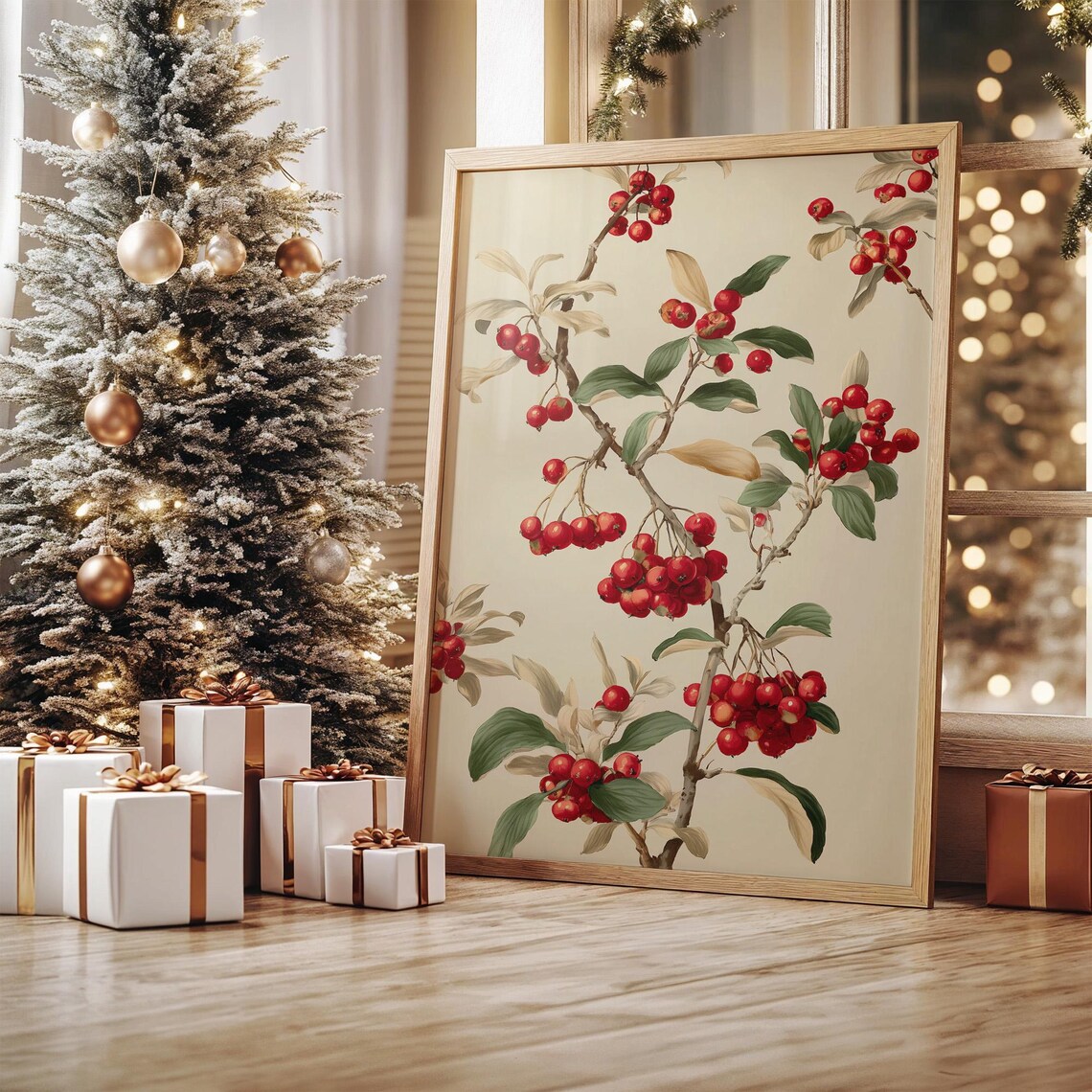 Vintage Botanical Crabapple Branch With Red Berries