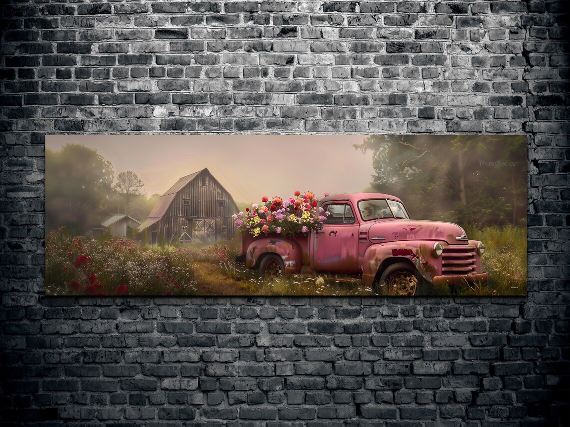 Pink Pickup On A Farm, Panoramic Art Print - Image 2