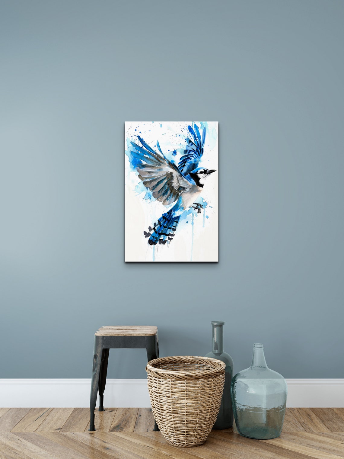 Blue Jay Soaring With Wings Spread Watercolor Paint Splatter Poster - Image 5