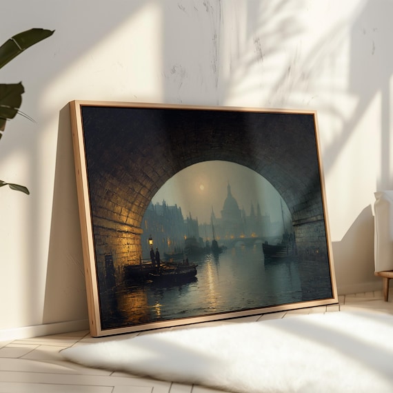 Vintage London Cityscape Thames River Under a Stone Bridge Arch Poster
