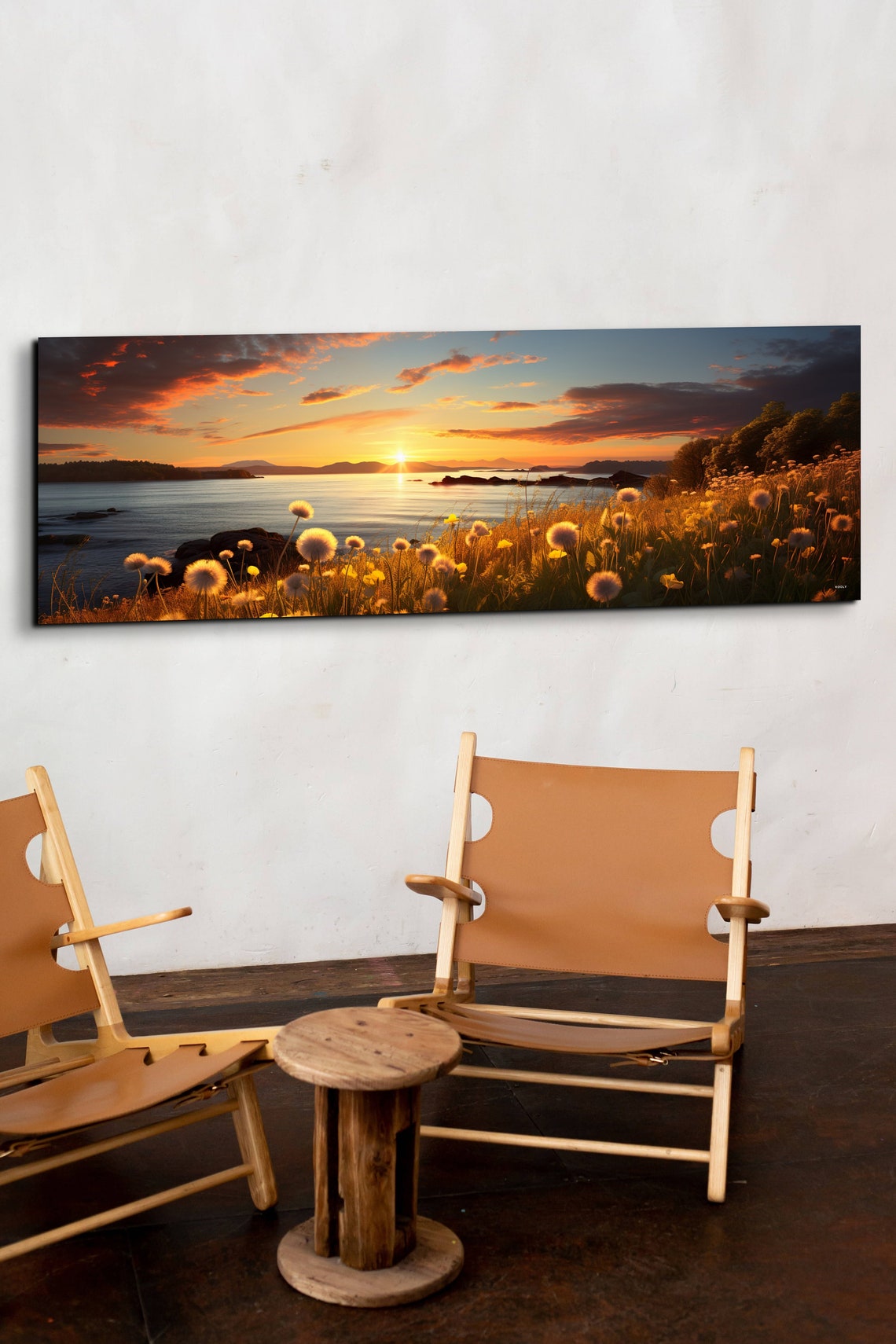 Dandelion Field Lake Sunset Golden Hour Panoramic Art Poster - Image 6