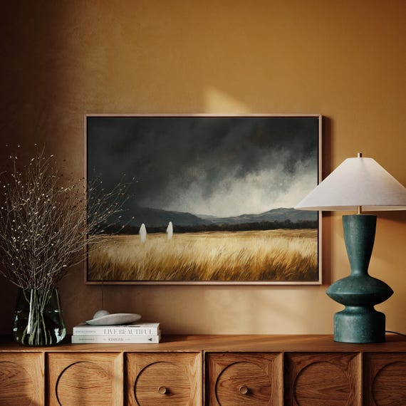 Ghostly Wheat Field Painting Dark Academia Canvas Haunted Landscape Wall Art Spooky Gothic Decor Moody Horror Print