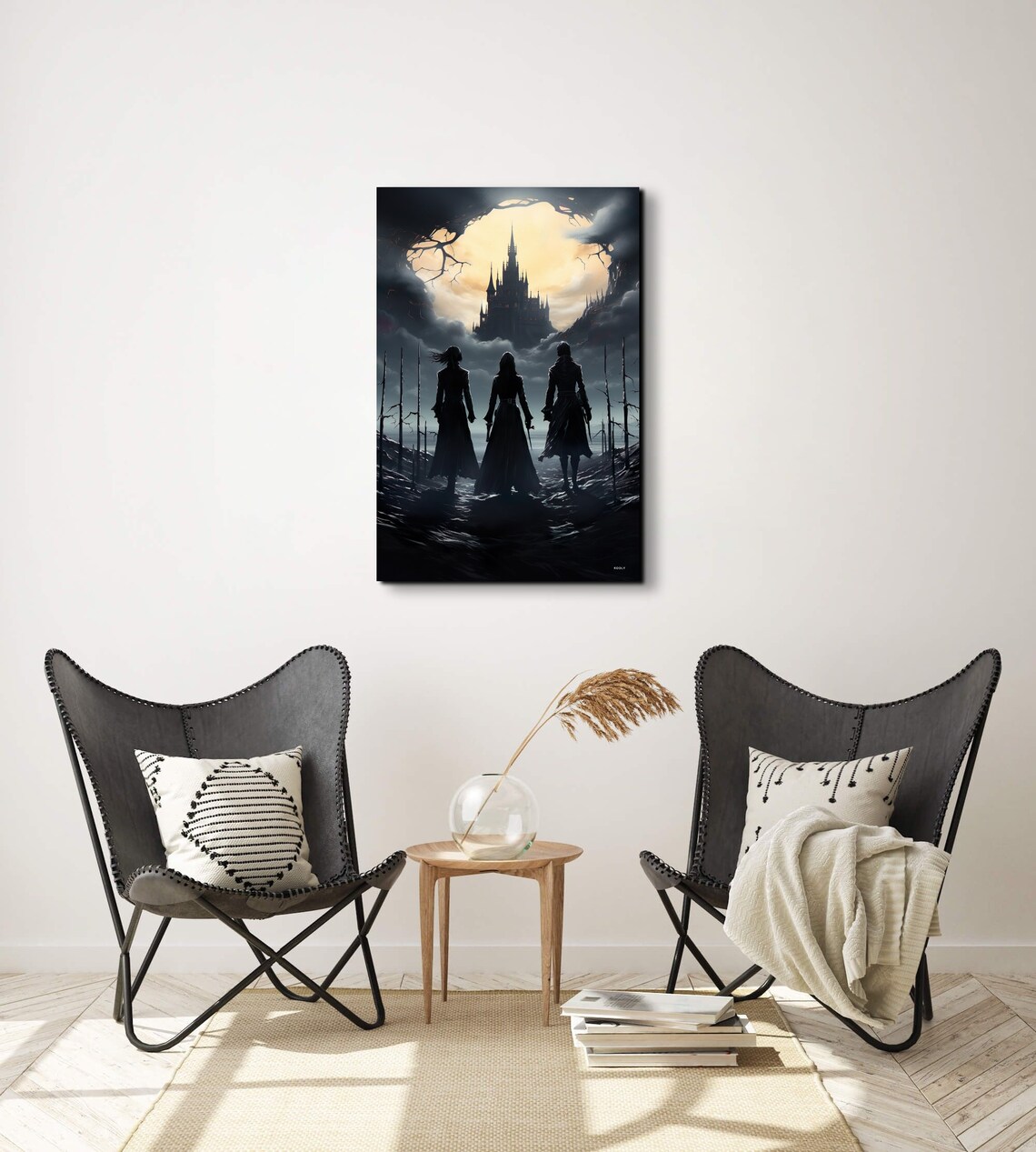 Gothic Castle Under the Full Moon with Three Silhouetted Travelers Poster - Image 6