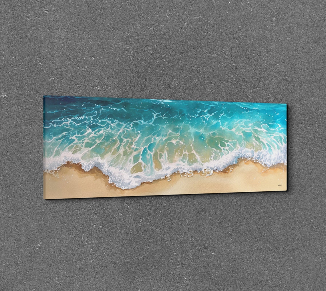Panoramic Watercolor Ocean Wave Turquoise Beach Shore Wall Art - Image 3